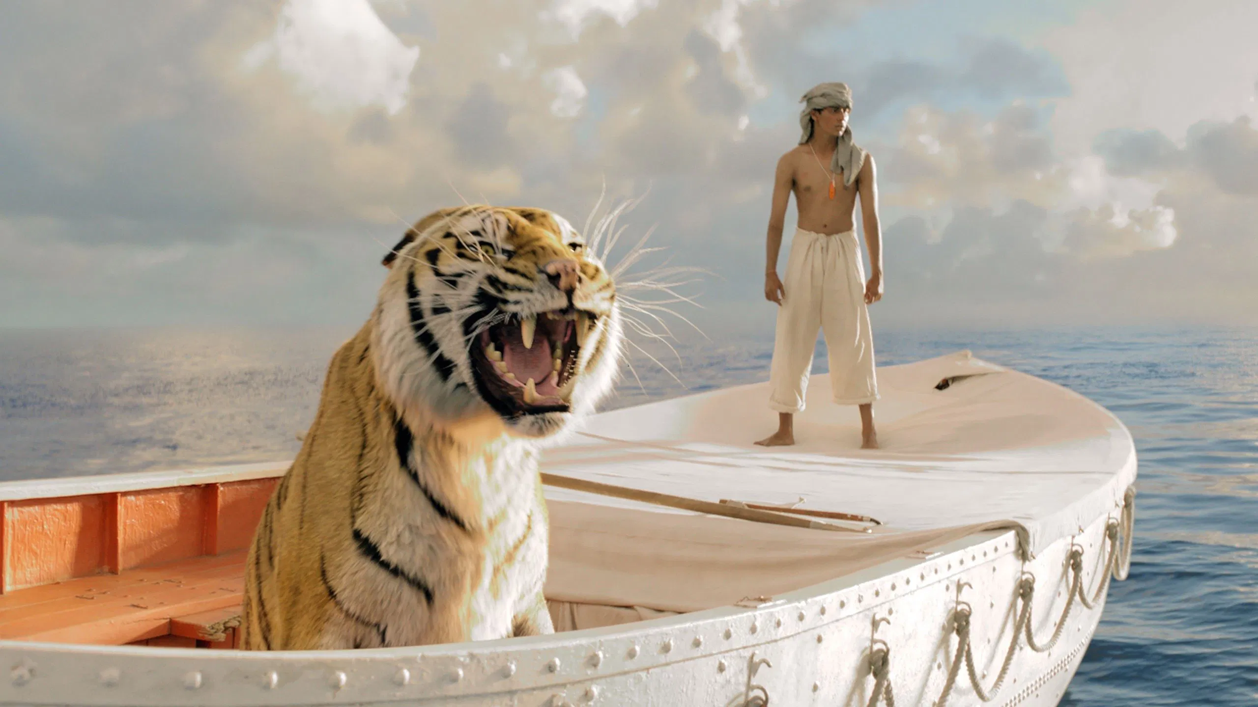 A boy and a tiger on a lifeboat in Life of Pi (2012)